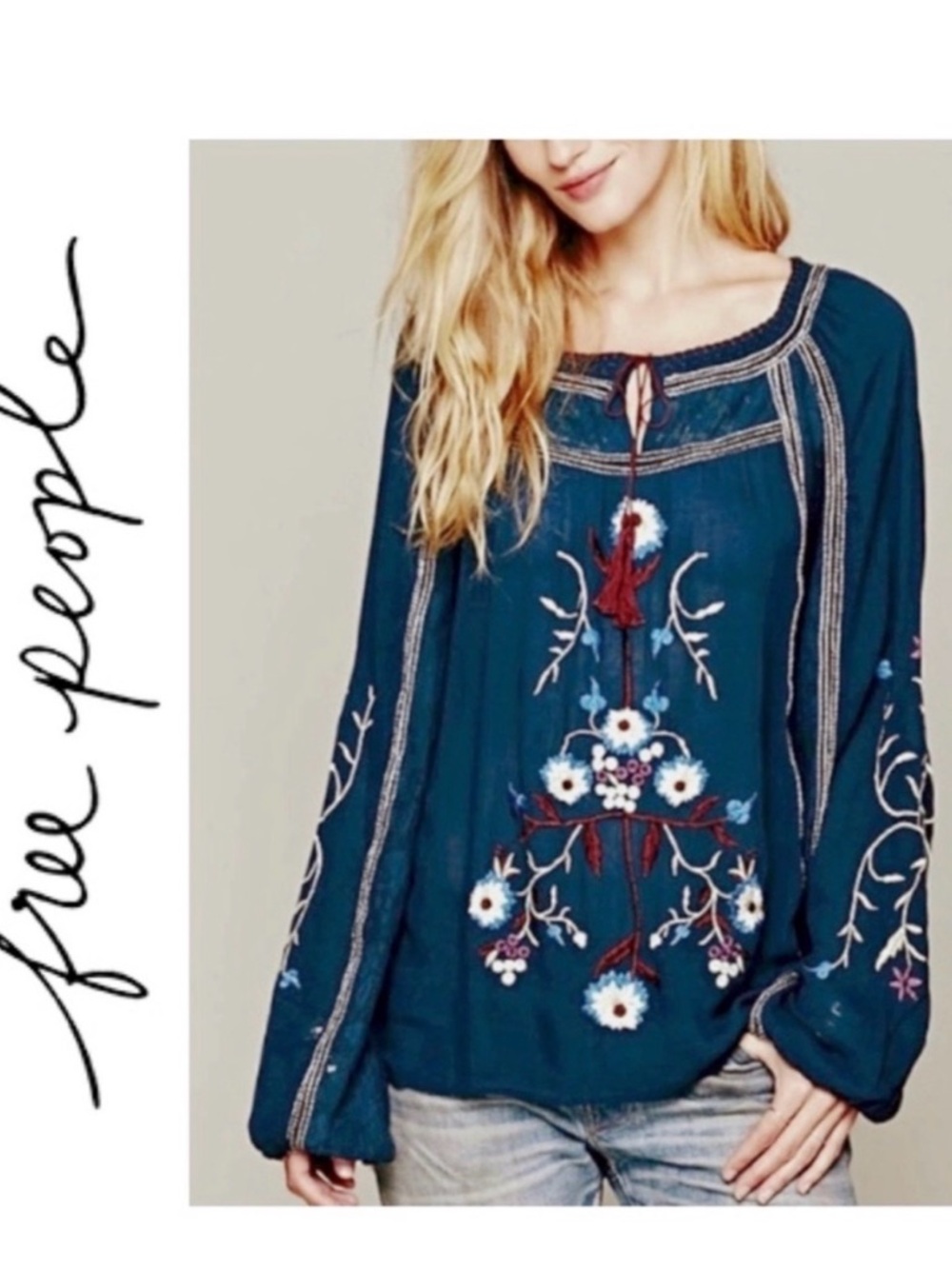 Free People Teal Floral Embroidered Boho Tunic